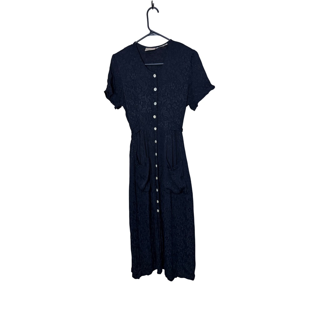 Miss Joy Vintage Navy Blue Paisley Jacquard Button Front Midi Dress Size M